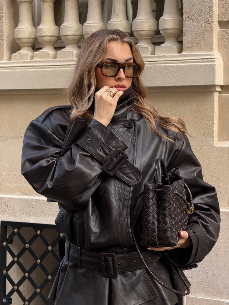 Women Oversized Leather Trench with Wide Waist Belt, Buckle Sleeves and Stand Collar Amarae