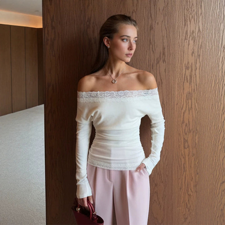 Women Slim-Fit Off-Shoulder Fine Knit Top with Lace Edge Amarae