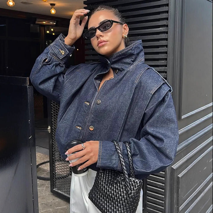 Women Oversize Denim Jacket with High Stand-Up Collar, Snap Button Placket and Shoulder Detail Amarae