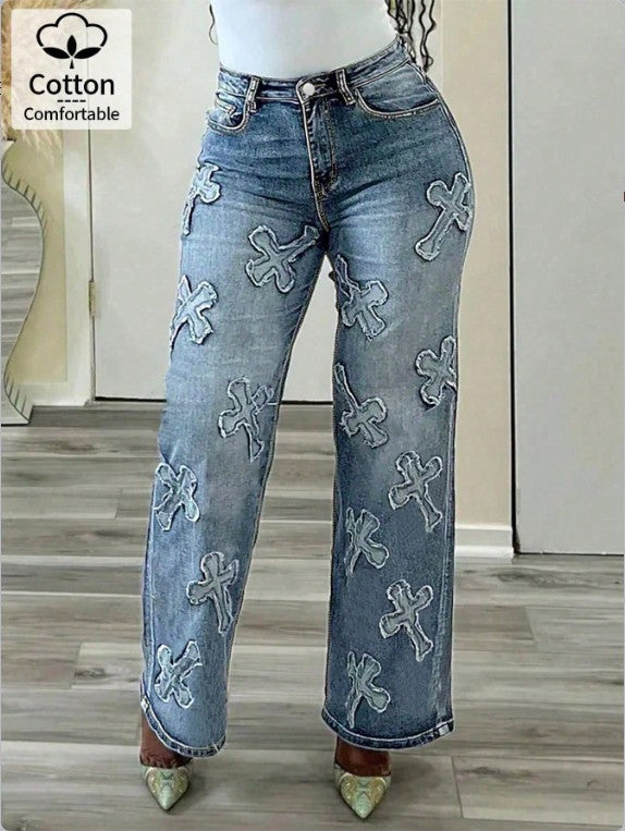 Women's high-waisted straight-cut jeans with cross appliqués made of cotton denim Amarae