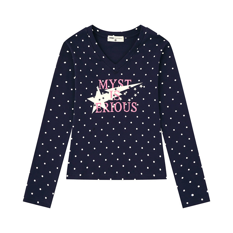 Women's long sleeve shirt made of cotton jersey with polka dot pattern and statement star print Amarae