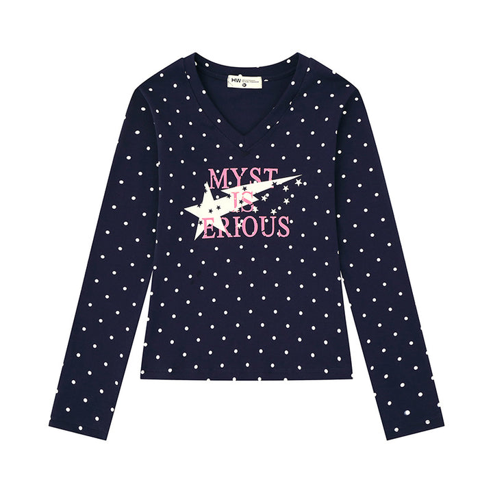 Women's long sleeve shirt made of cotton jersey with polka dot pattern and statement star print Amarae