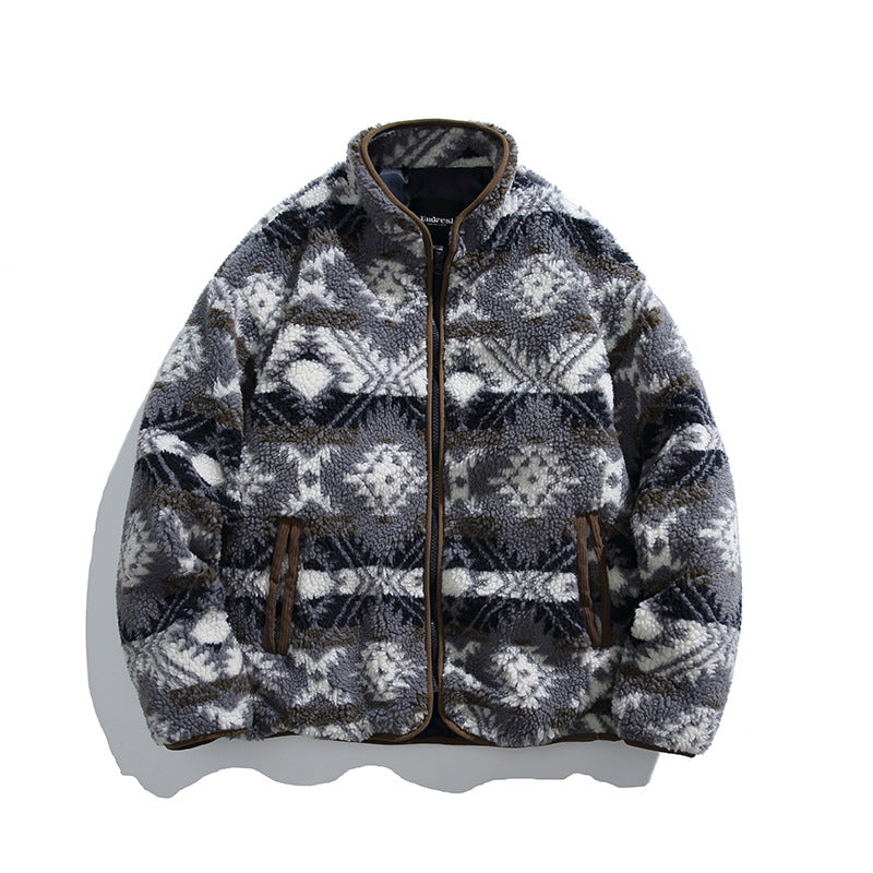 Unisex teddy fleece jacket in tribal pattern with stand-up collar and continuous zipper Amarae