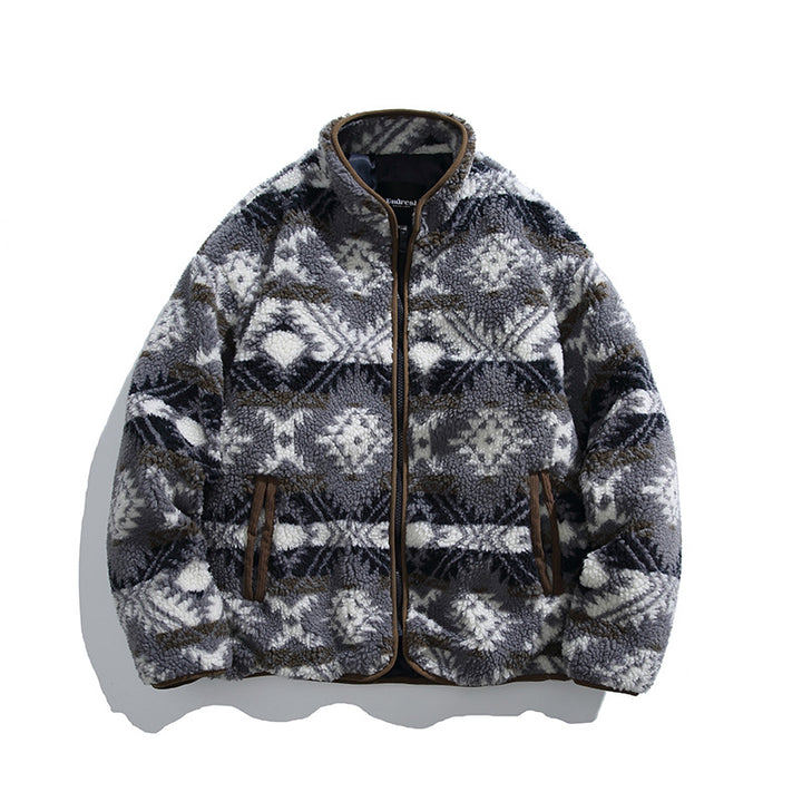 Unisex teddy fleece jacket in tribal pattern with stand-up collar and continuous zipper Amarae