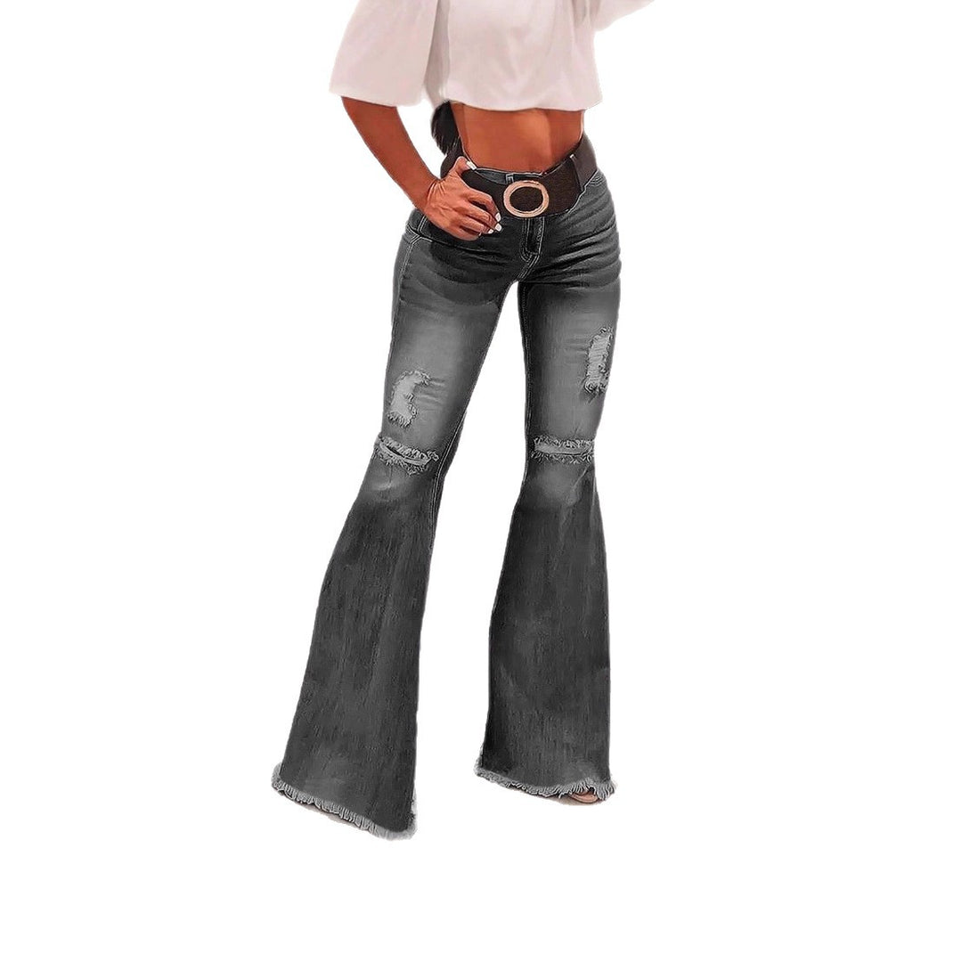 Women's High-Waisted Flared Jeans with Knee Rips, Frayed Hem and Flared Leg Amarae