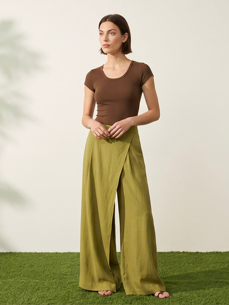 Women's High-Waist Wrap Palazzo Pants with Wide Leg and Flowing Linen Look Amarae