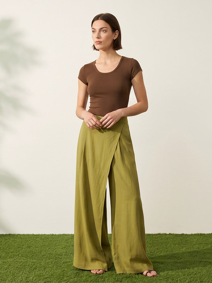 Women's High-Waist Wrap Palazzo Pants with Wide Leg and Flowing Linen Look Amarae