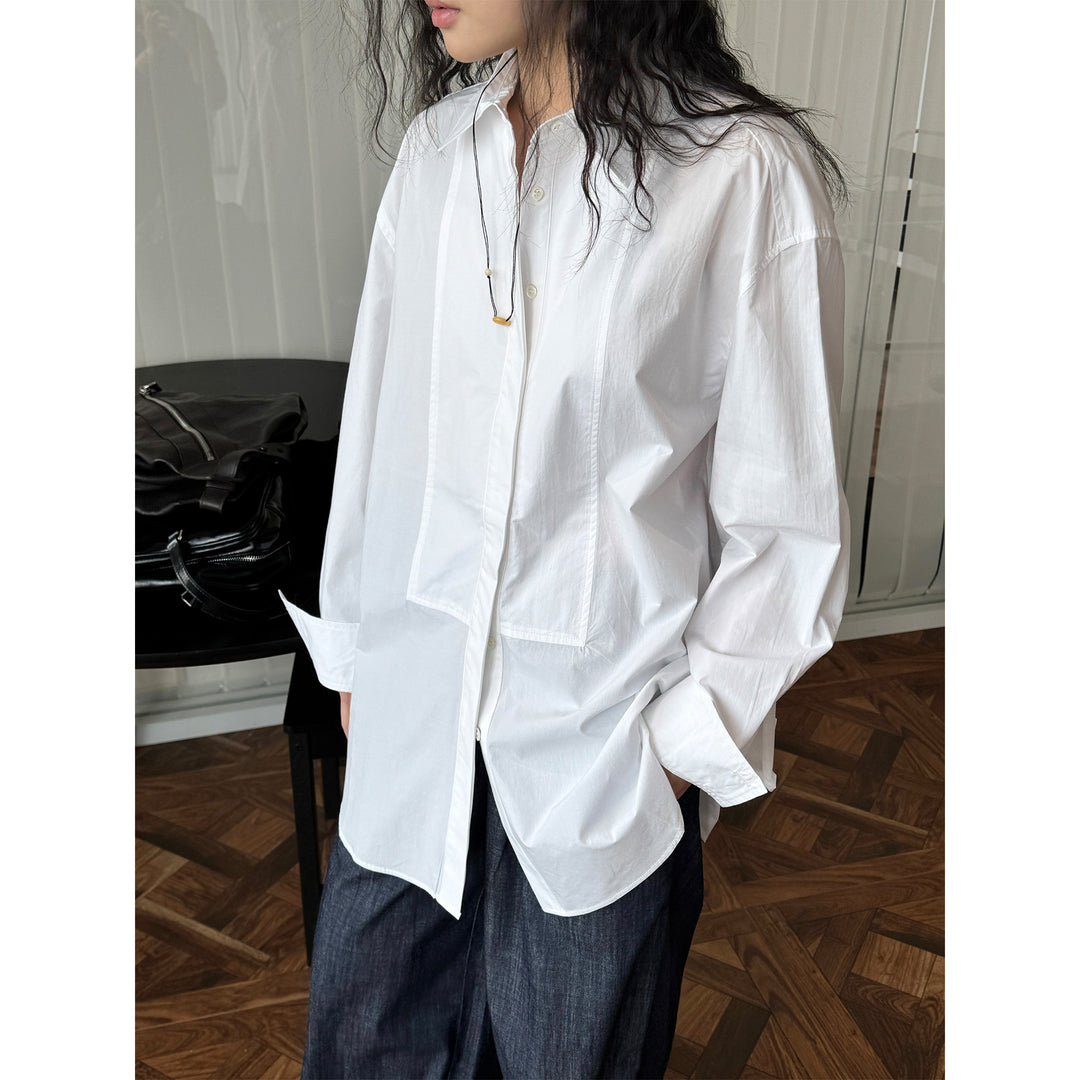 Women's Loose Poplin Shirt with Concealed Button Placket and Extended Back Amarae