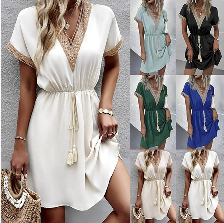 Leisure dress for women with V-neckline and decorative details Lune London