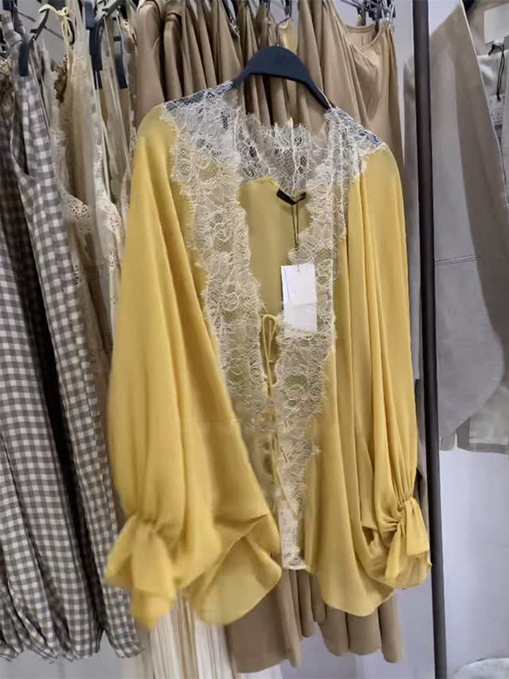 Women's blouse jacket with lace insert, deep V and balloon sleeves Amarae