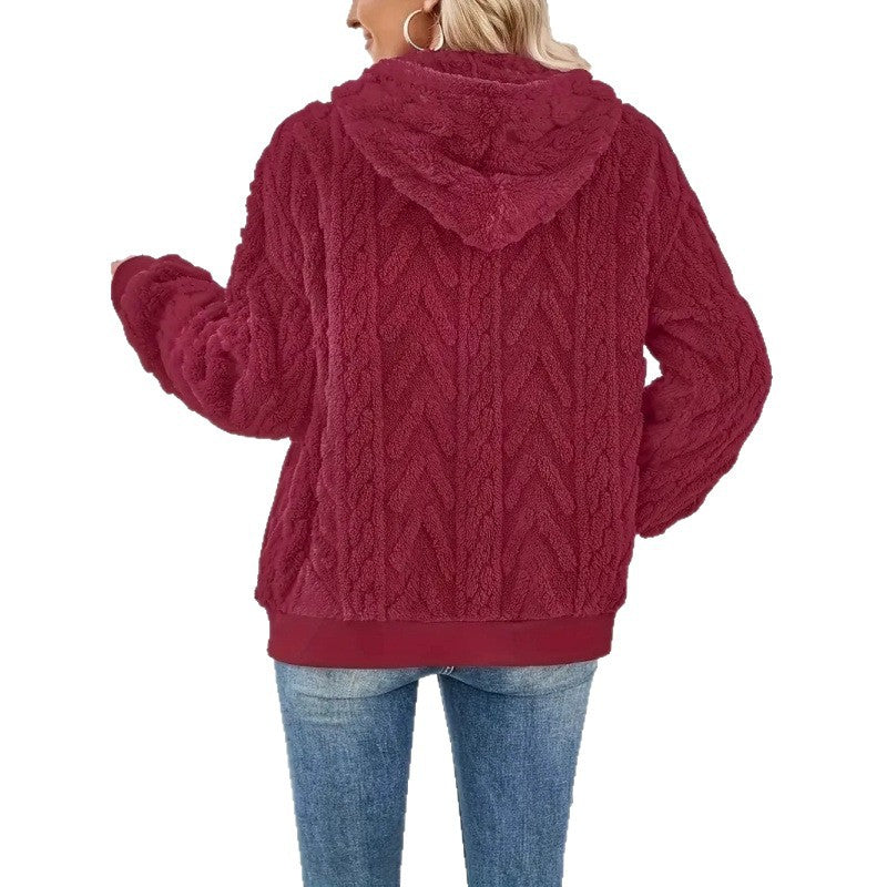 Ladies Cozy Fleece Jacket with High Collar and Chic Knit Pattern