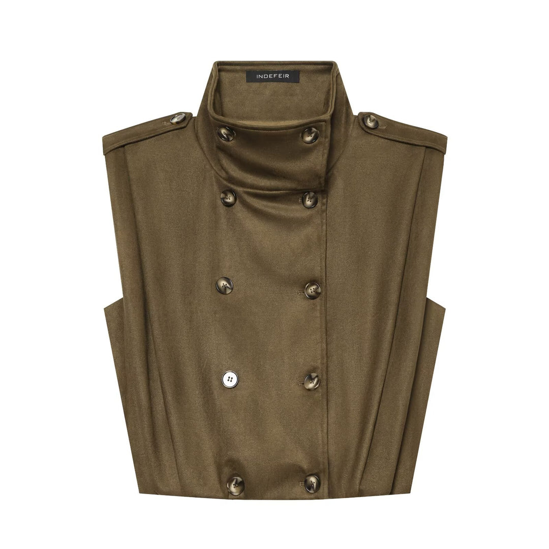 Women's Sleeveless Double-Breasted Trench Vest with High Stand Collar and Shoulder Tabs Amarae