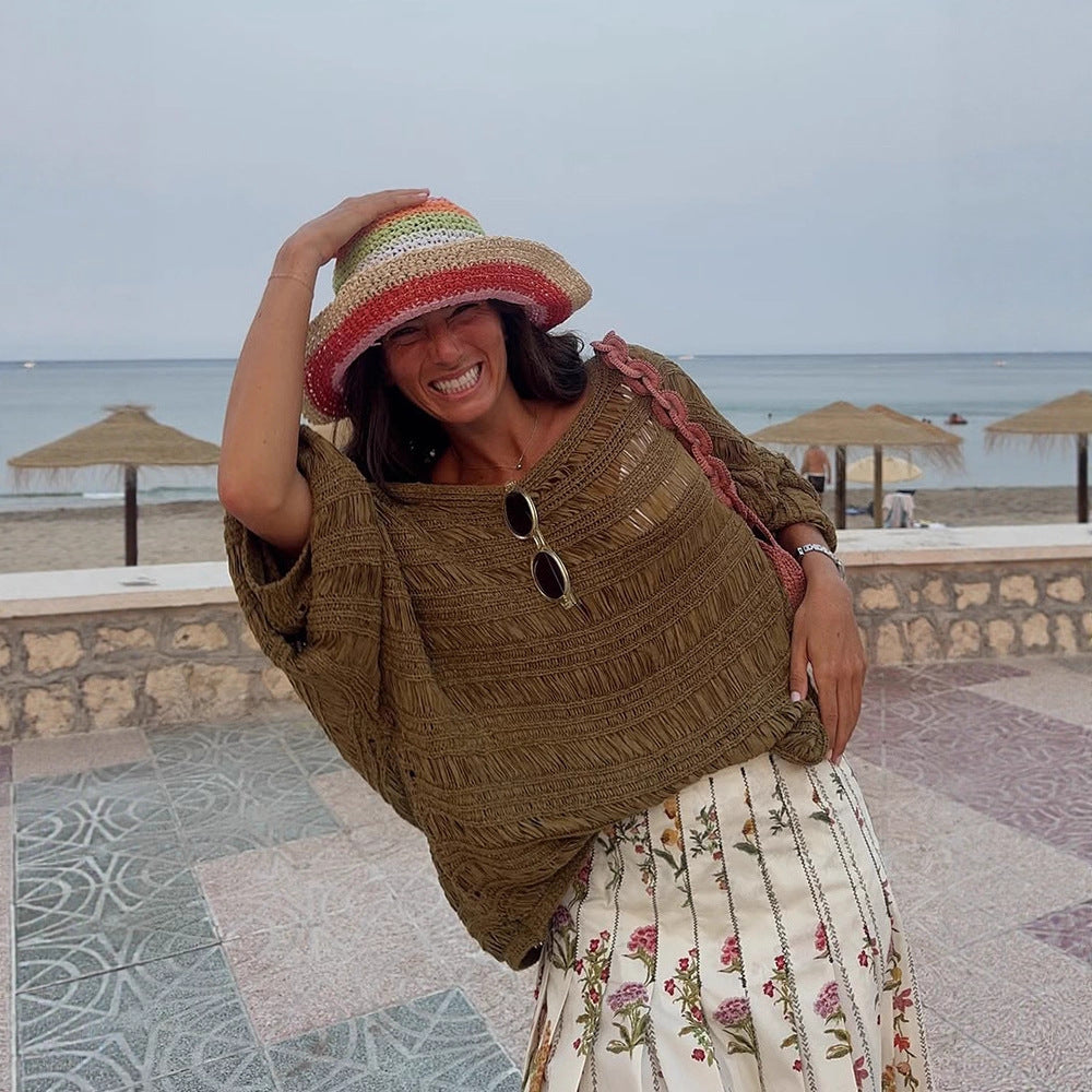 Women Loose Crocheted Poncho Knit Blouse with Wide Boat Neck and Texture Pattern Amarae
