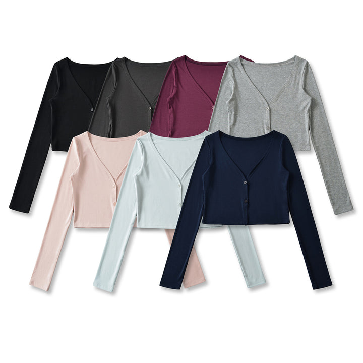 Women Cropped Jersey Cardigan with Deep V-Neck and Narrow Button Placket Amarae