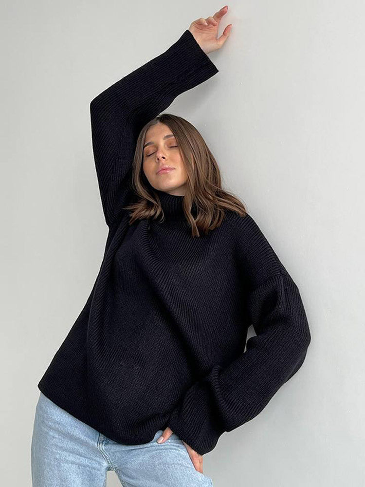 Women Oversized Ribbed Knit Turtleneck Sweater with Extended Cuff Amarae