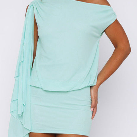 Asymmetrical short dress with short sleeves for women with modern ruffle details Amarae