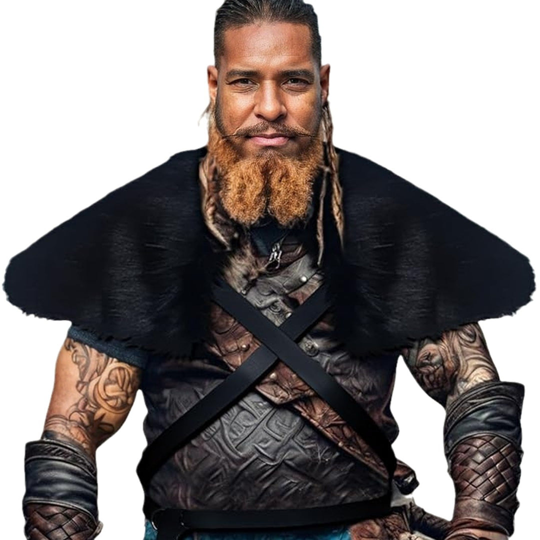 Men's Medieval Leather Jerkin with Faux Fur Shoulder Cape and Braided Arm Guards Amarae