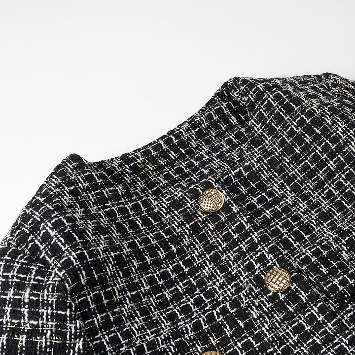 Ladies elegant short jacket in a trendy tweed style with gold button details Lune London