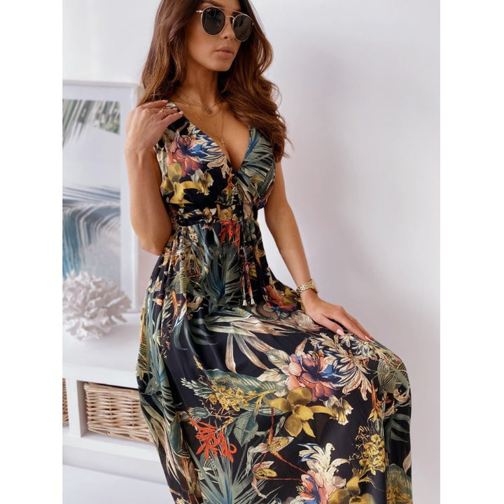 Maxi dress with tropical print for women with adjustable belt Lune London