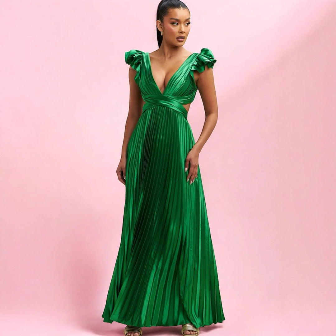 Ladies Glamorous Pleated Maxi Dress with Deep V-Neck and Puff Sleeves Lune London
