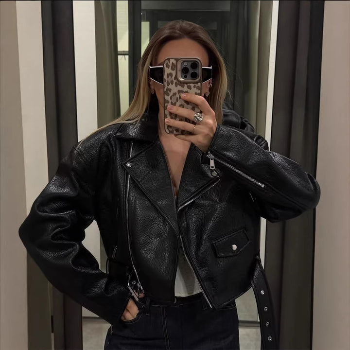 Women Short Structured Biker Jacket Made of Faux Leather Amarae