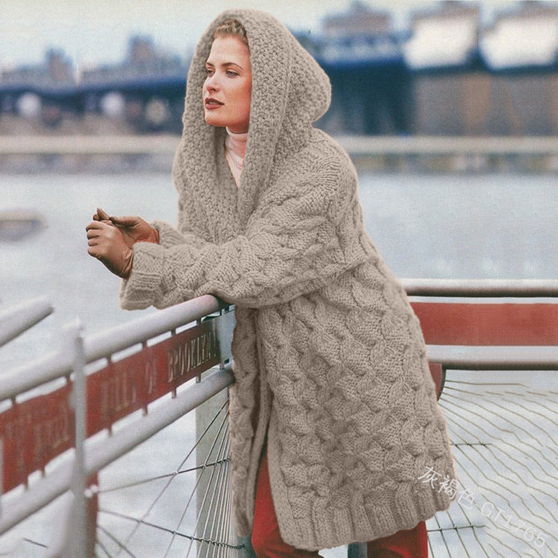 Cardigan en tricot épais pour femmes avec capuche et motif texturé Chic & Stil