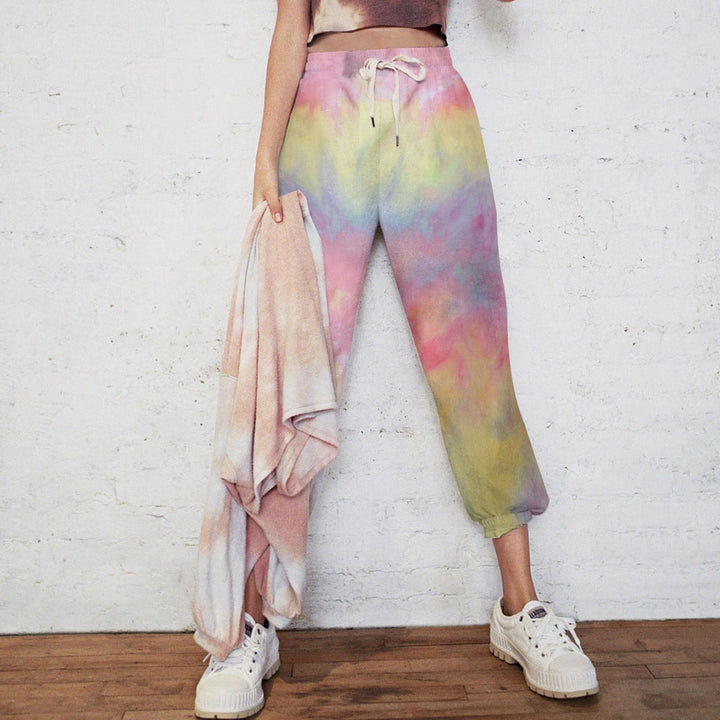 Casual pants for women with a colorful tie-dye design and an elastic waist Lune London