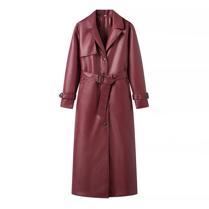 Elegant women's faux leather trench coat with belt and large lapels Lune London