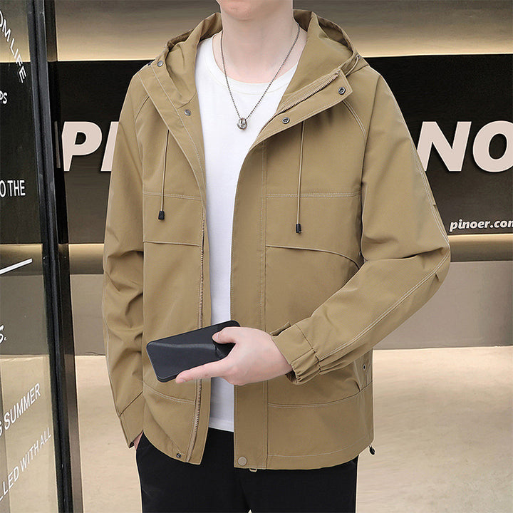 Lightweight transition jacket for men with functional pockets and adjustable hood Lune London