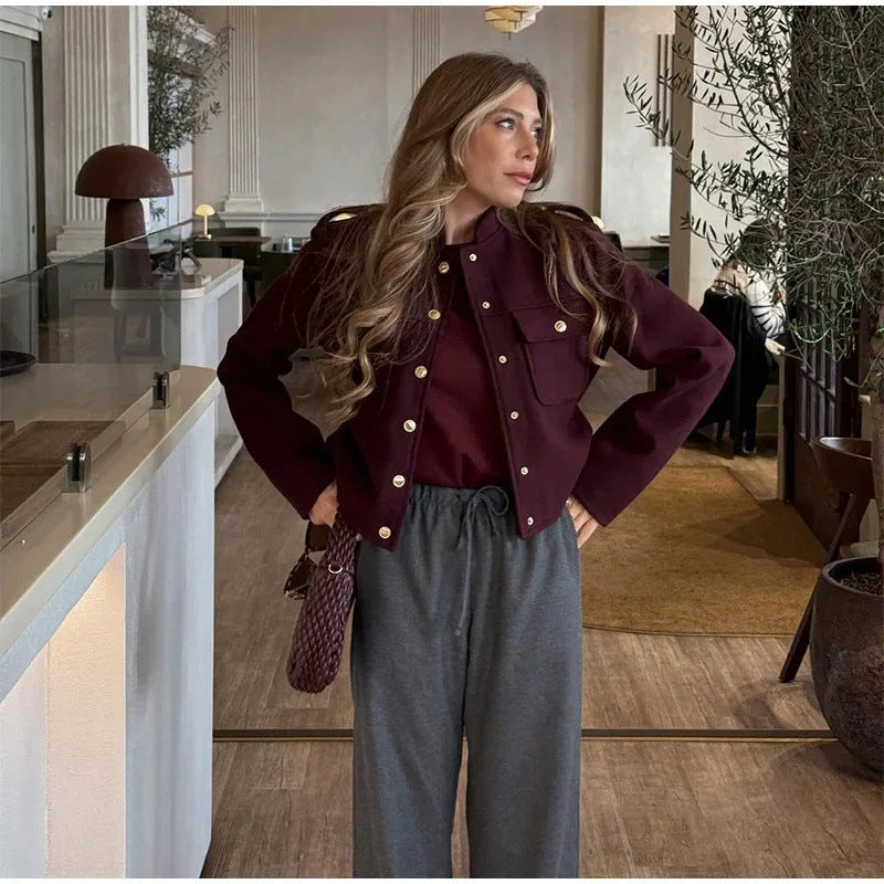 Fashionable short jacket for women with practical pockets and gold snap buttons Lune London