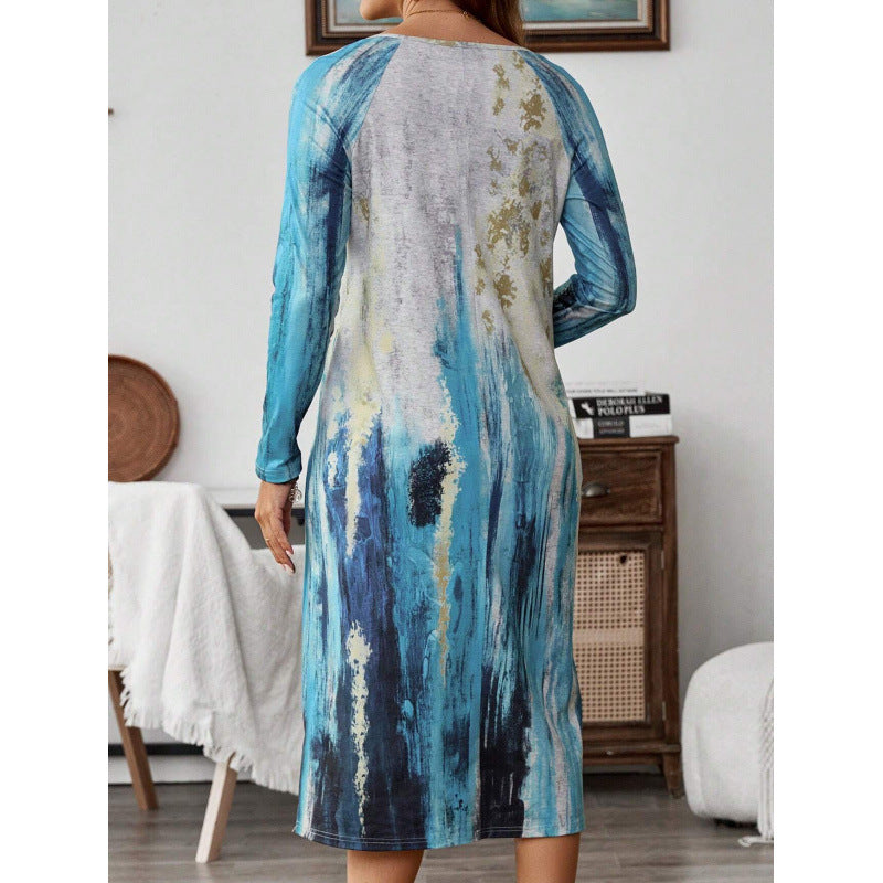 Long sleeve maxi dress for women with colorful abstract pattern Lune London