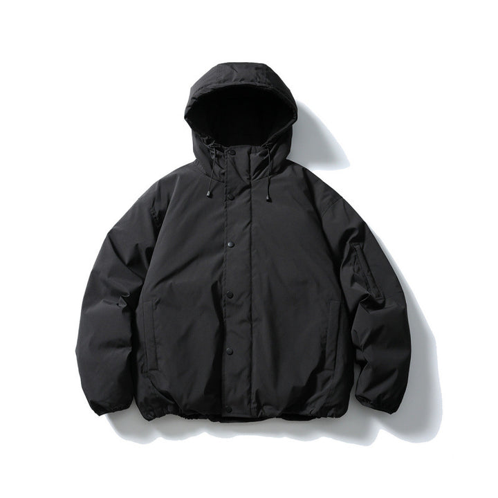 Unisex Boxy Padded Hoodie with Drawstring, Concealed Snap Placket and Utility Arm Pocket Amarae