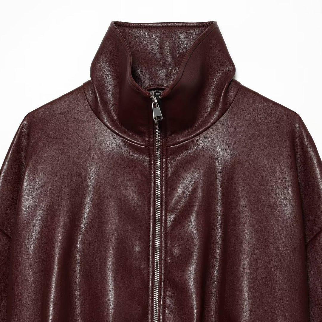 Women's Cropped Boxy Bomber Jacket in shiny leather look with high funnel collar Amarae
