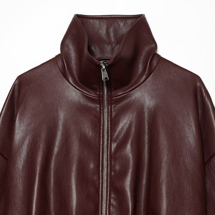 Women's Cropped Boxy Bomber Jacket in shiny leather look with high funnel collar Amarae