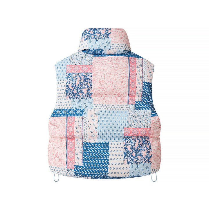 Ladies short quilted vest with floral pattern, stand-up collar and drawstring hem Amarae