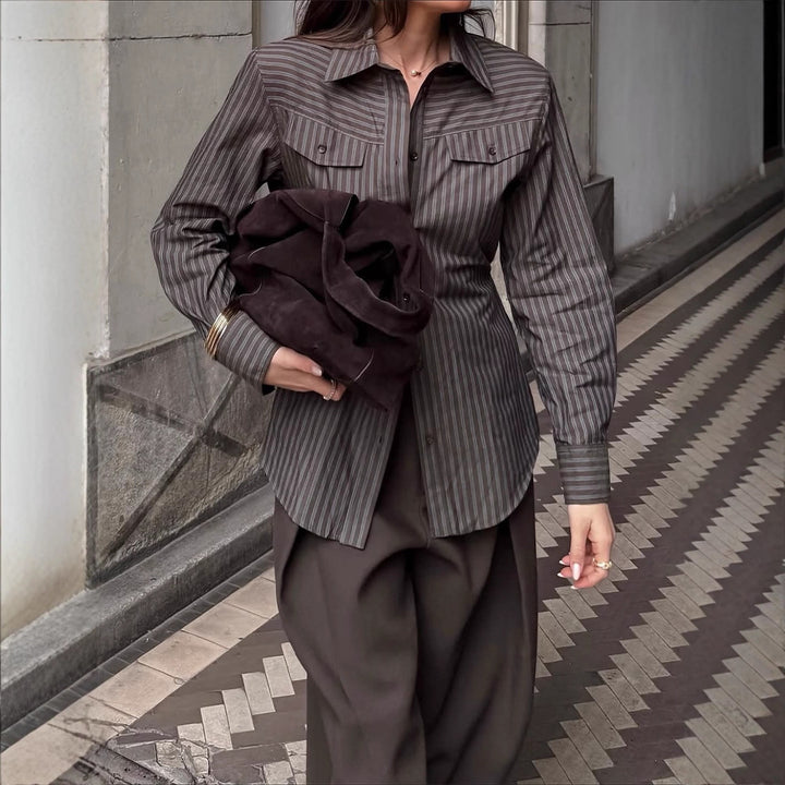 Women's Tailored Striped Shirt Blouse with Breast Pockets and Extended Hem Amarae