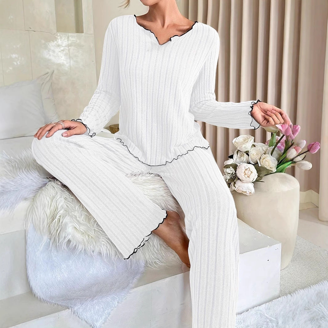 Ladies Comfortable Two-Piece Pajama with Contrast Ruffles Lune London