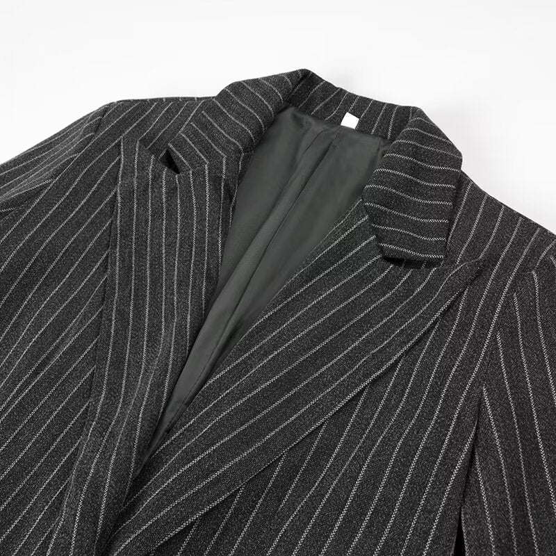Ladies Longline Coat with Pinstripes and Double-Breasted Button Placket Amarae