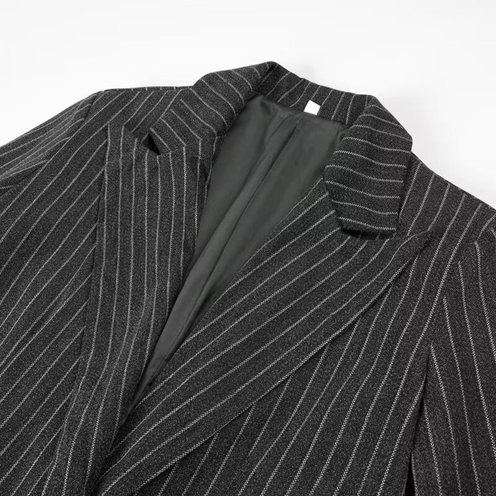 Ladies Longline Coat with Pinstripes and Double-Breasted Button Placket Amarae