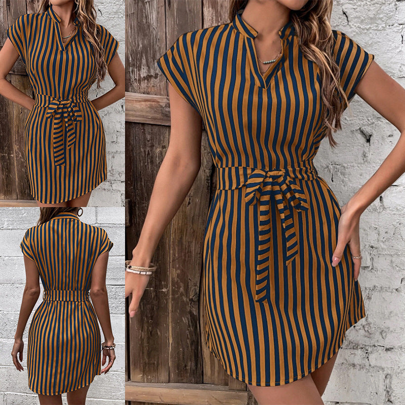 Short sleeve shirt dress for women with tie belt and elegant Lune London stripe