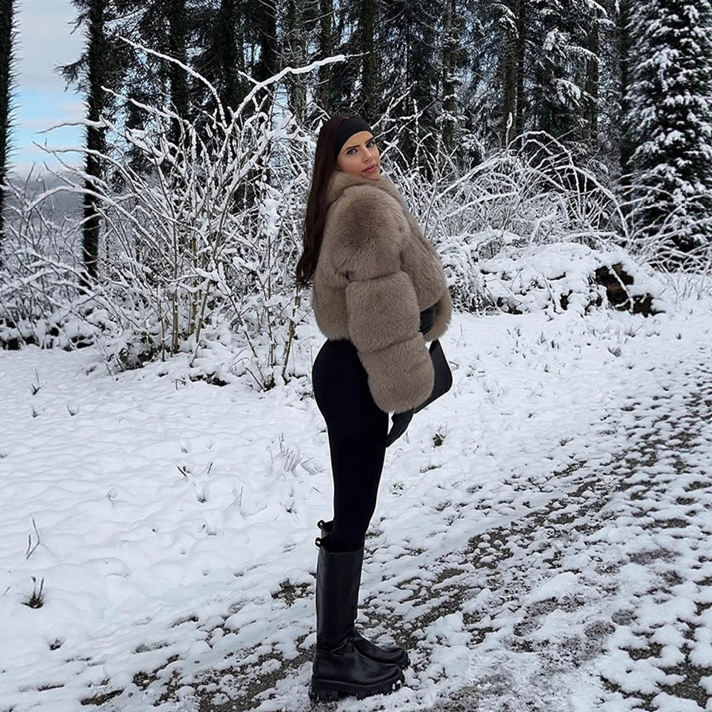 Women's Short Cut Luxury Faux Fur Blouson with Voluminous Shawl Collar Amarae