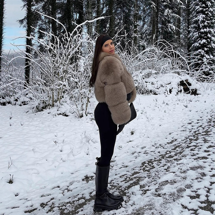 Women's Short Cut Luxury Faux Fur Blouson with Voluminous Shawl Collar Amarae