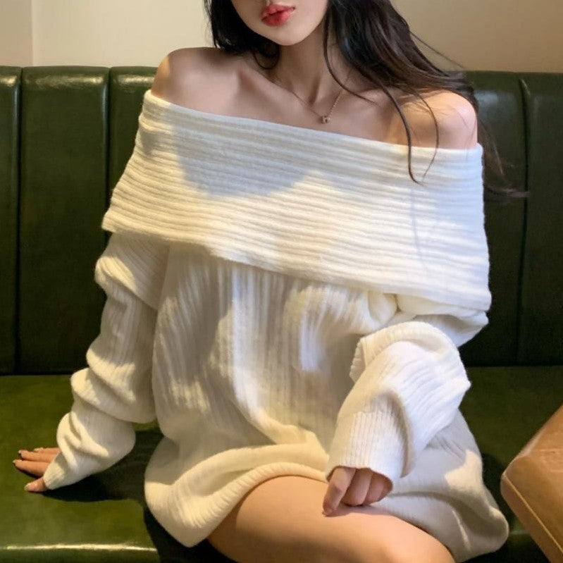 Pull surdimensionné pour femmes avec un design décontracté à épaule dénudée et une fine structure côtelée Chic & Stil