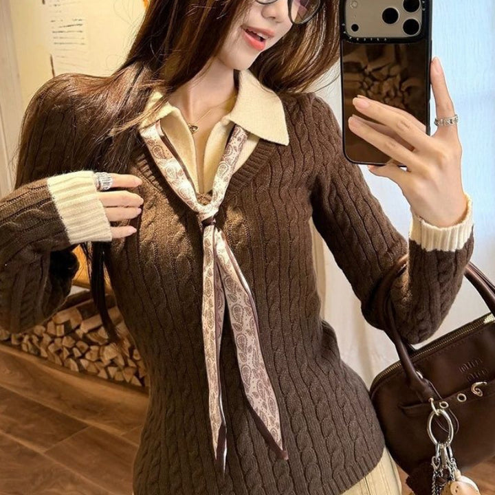 Pull en tricot à côtes pour femmes avec col chemise et cravate Chic & Stil
