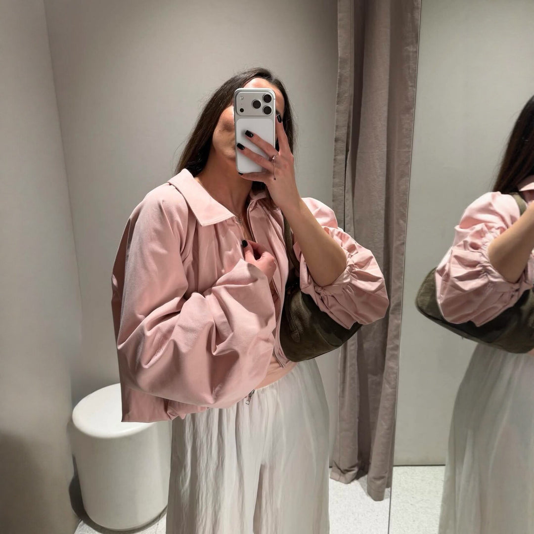 Women Short Cape Jacket with Wide Balloon Sleeves and Zipper Amarae