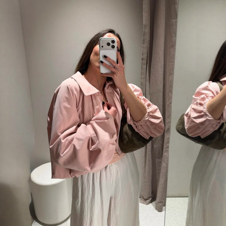 Women Short Cape Jacket with Wide Balloon Sleeves and Zipper Amarae
