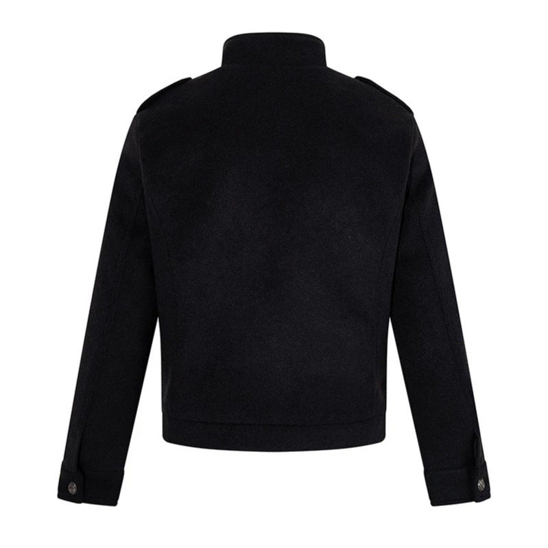 Men's short military-inspired wool jacket with stand-up collar & double-breasted decorative buttons Amarae