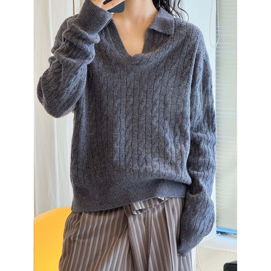 Women's knit pullover with polo collar, V-neck and cable pattern Amarae