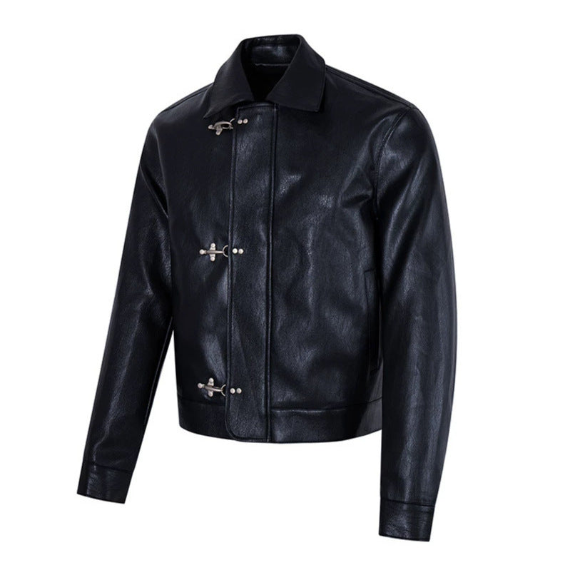 Men's leather jacket with toggle fasteners, short cut and shirt collar Amarae