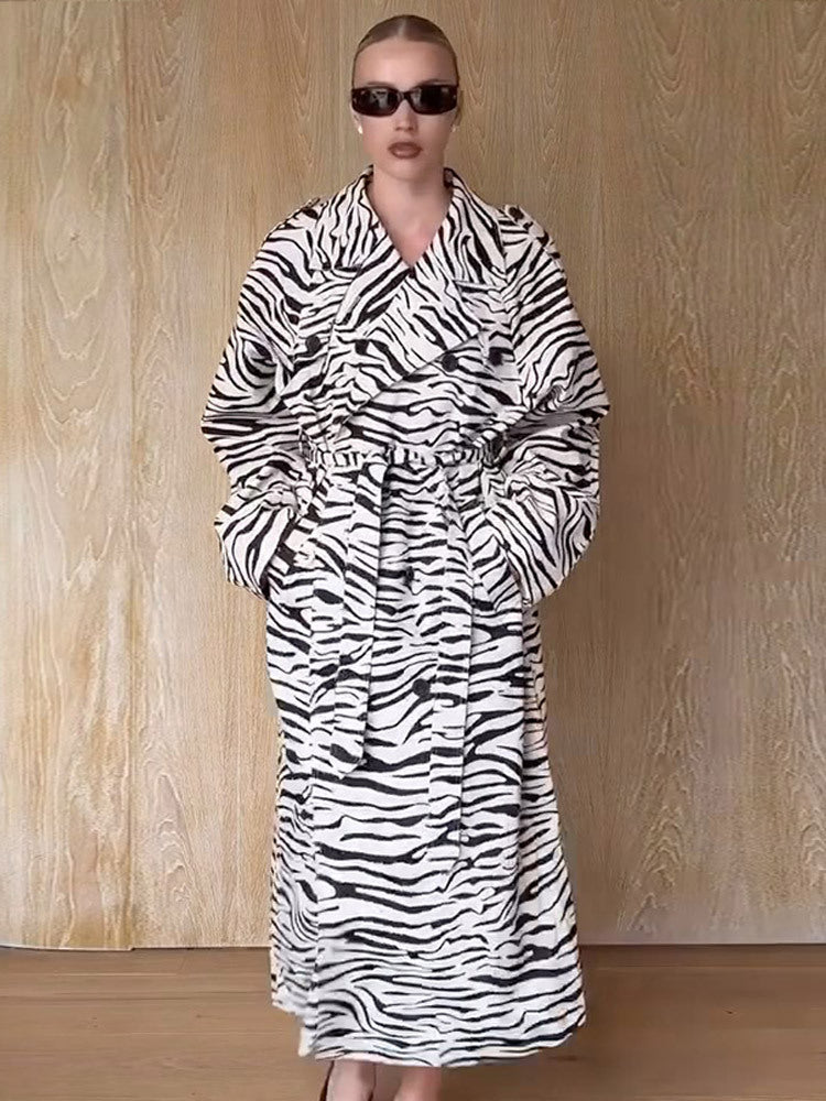 Women's Maxilength Trench Coat in Animal Print with Voluminous Shawl Collar, Tied Belt and Boxy Silhouette Amarae